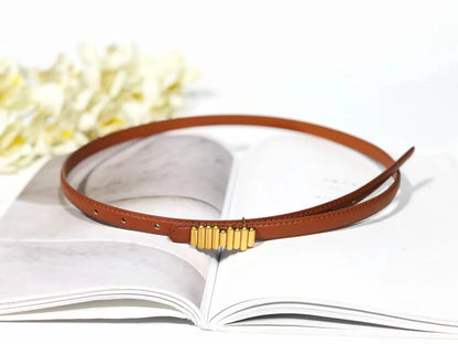 Women’s Skinny Genuine Leather Belt Gold Buckle Brown