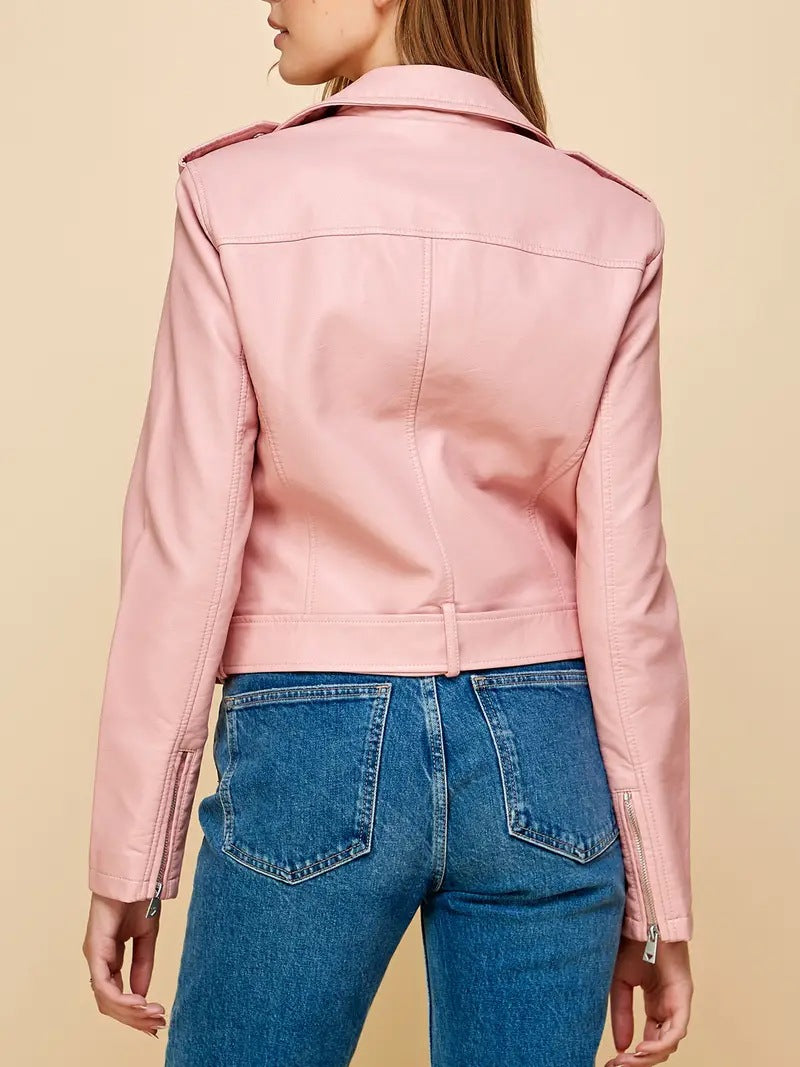 Women PU Cropped Leather Biker Jacket