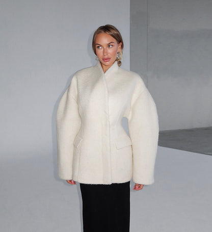 Women Thick Woolen Coat with Semi-High Collar