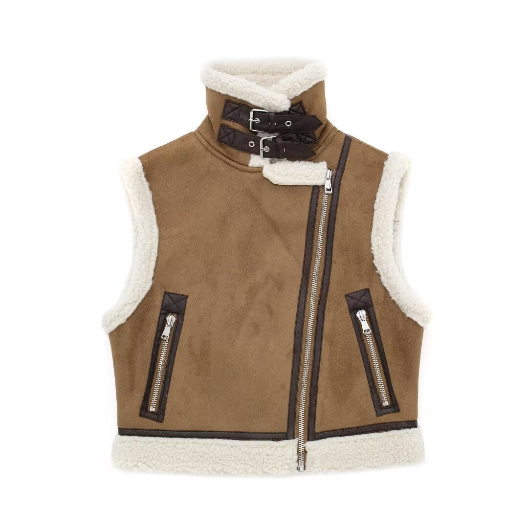 Double sided faux shearling biker vest women