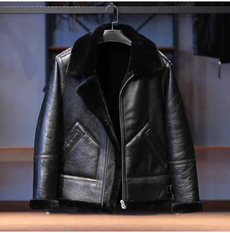 Men Real Sheepskin Shearling Fur Flight Bomber Jacket