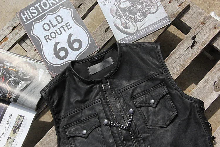 Black chain front motorcycle leather vest for men