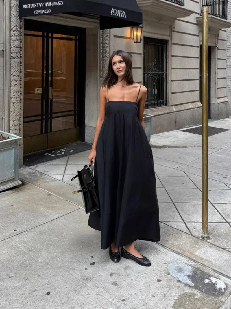 Black spaghetti strap high waist a-line maxi dress for summer wear