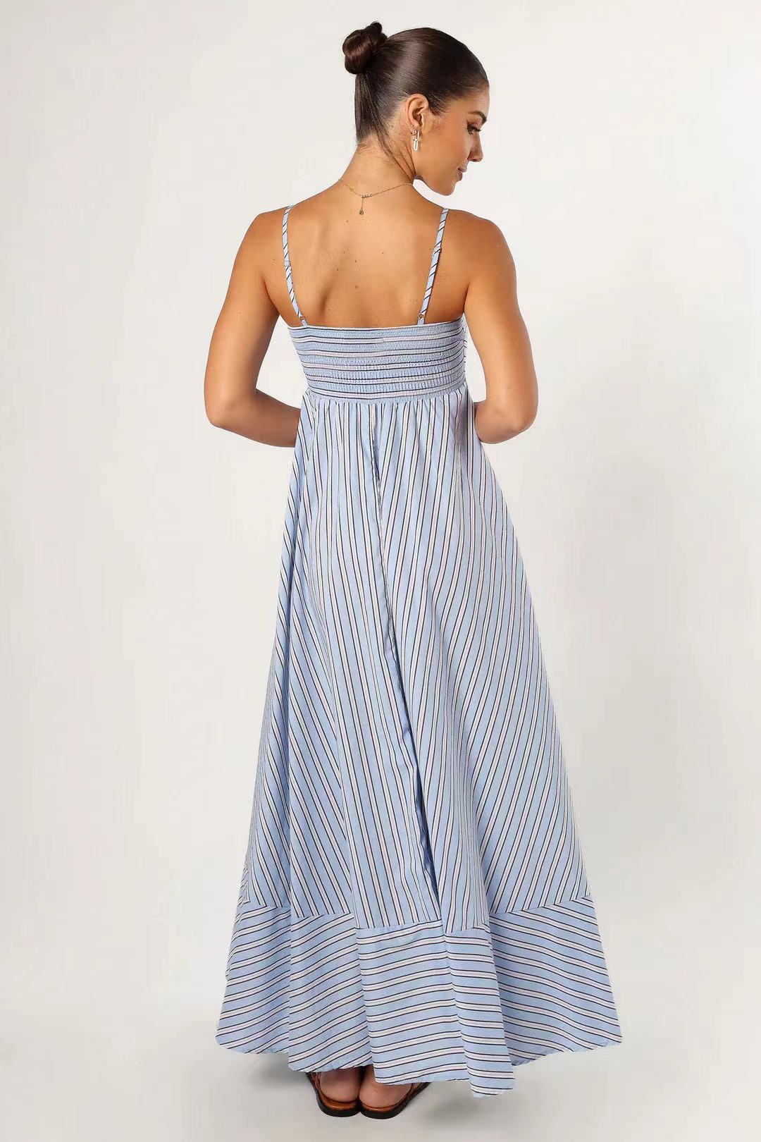 Light Blue Striped Smocked Back Maxi Dress