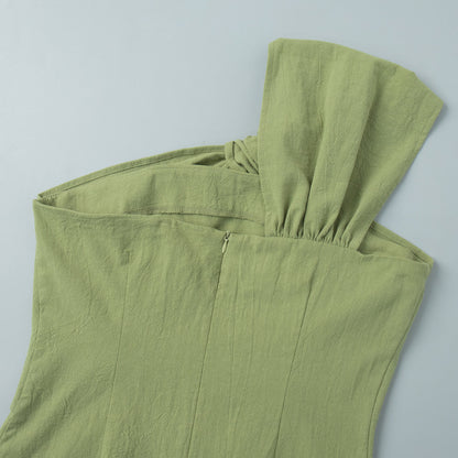 Women’s Green One Shoulder Knot Front Mini Dress