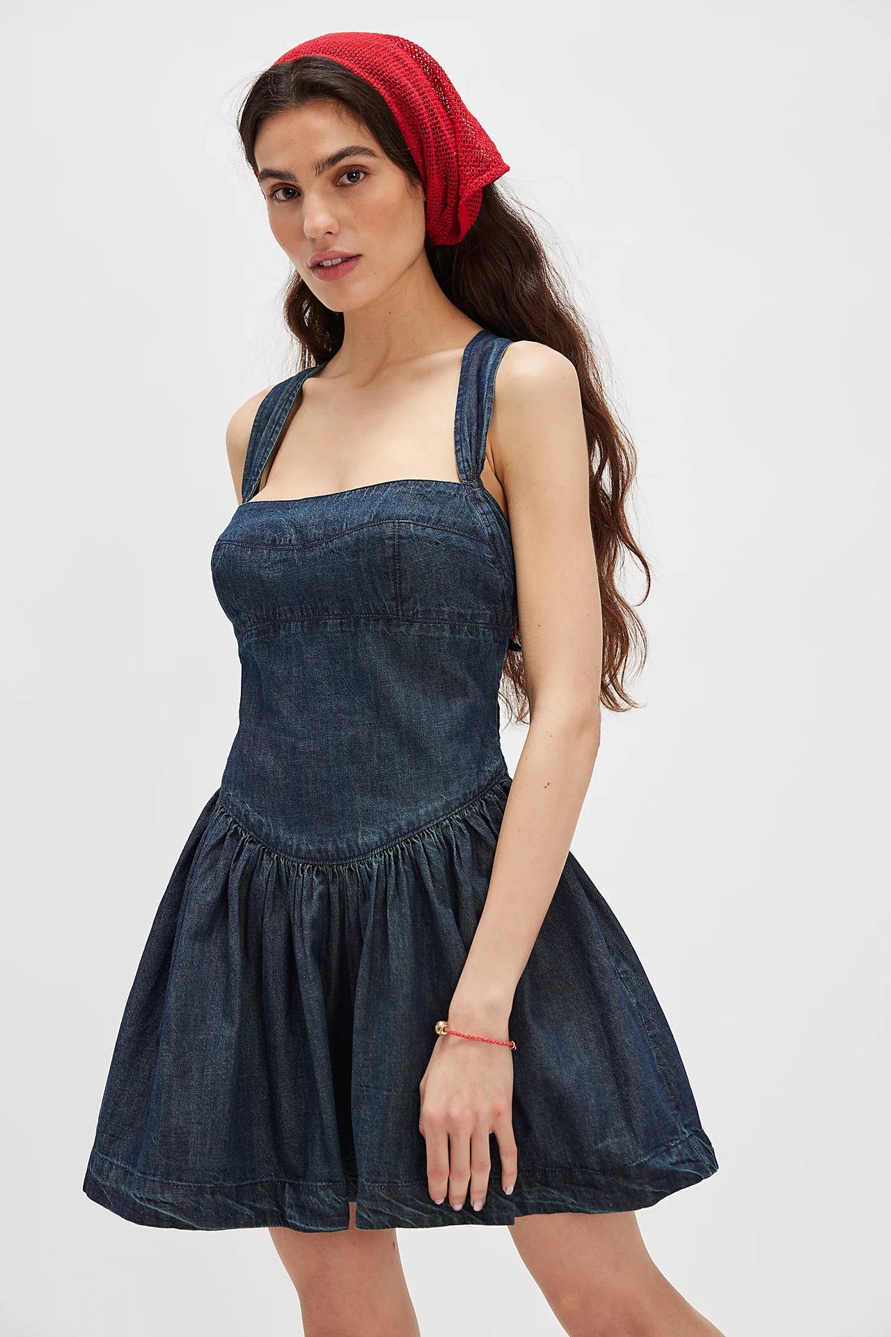 Backless denim mini dress high waist fit Dark S