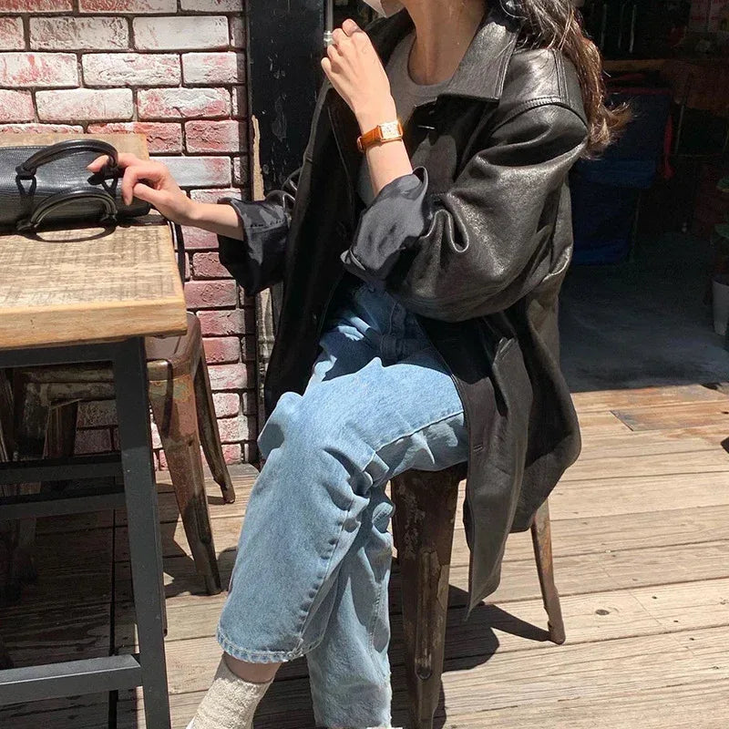 Women Genuine Leather Jacket Oversized Mid-Length Bomber Coat