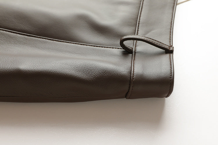 high waisted a-line mini leather skirt with front slit