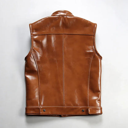 Oil Waxed Motorcycle Leather Vest Stand Collar Biker Vest