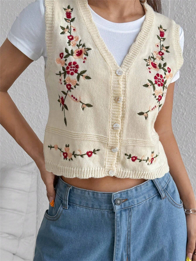 Embroidered Knitted Sweater Women’s Vest Floral Button Front Crop