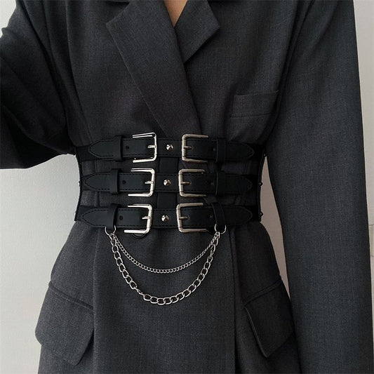 Women’s Black Punk Waist Belt With Buckles and Chains