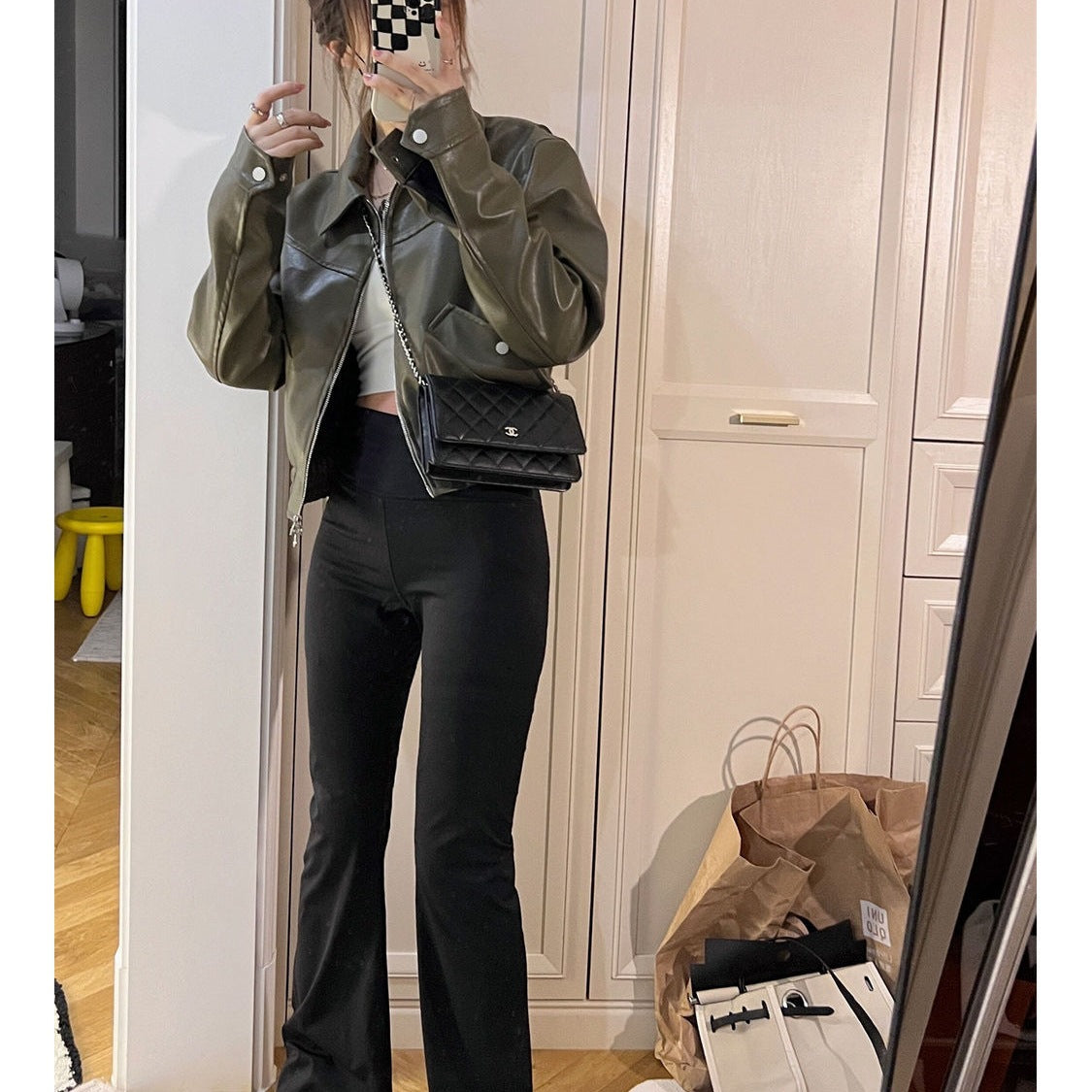 Women’s Green Faux Leather Cropped Jacket