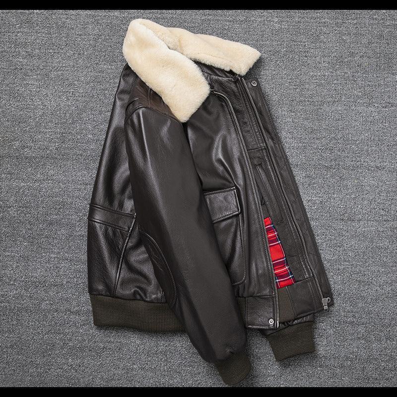 Black Leather Aviator Jacket Mens with Shearling Collar
