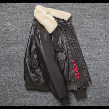 Black Leather Aviator Jacket Mens with Shearling Collar