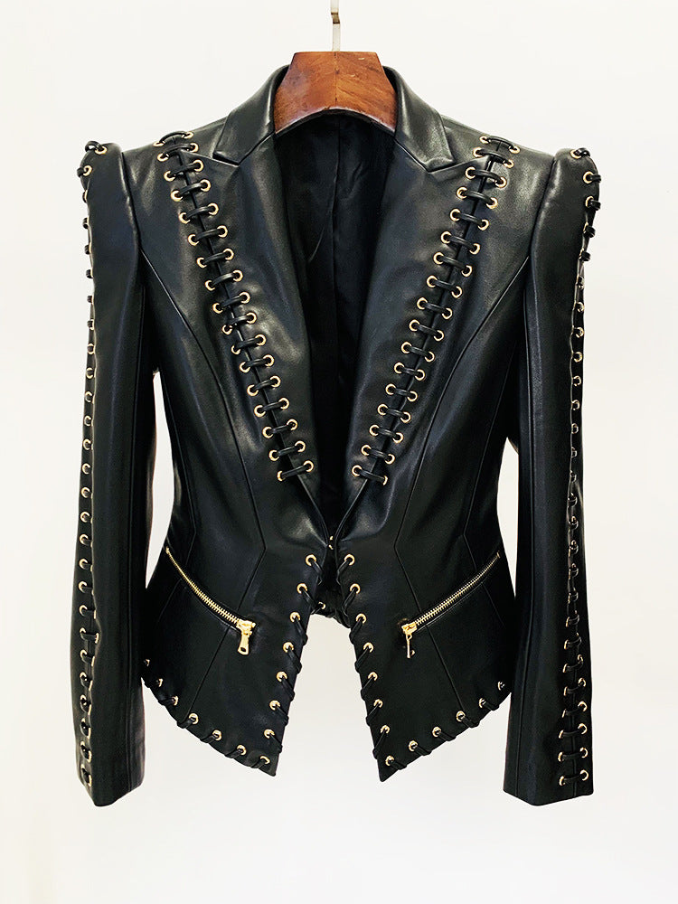 Women slim fit lace up faux leather jacket