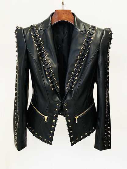Women slim fit lace up faux leather jacket