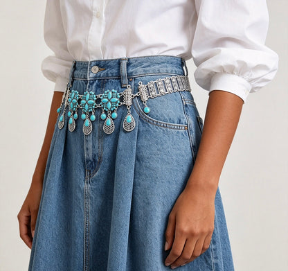 Women’s Turquoise Tassel Waist Chain with Silver Tone Drops