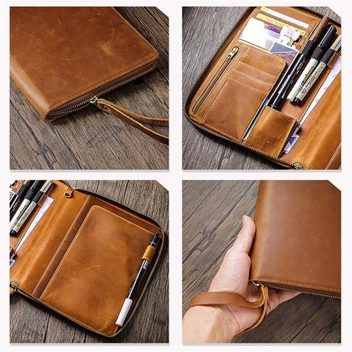 A5 Genuine Leather Zipper Business Portfolio