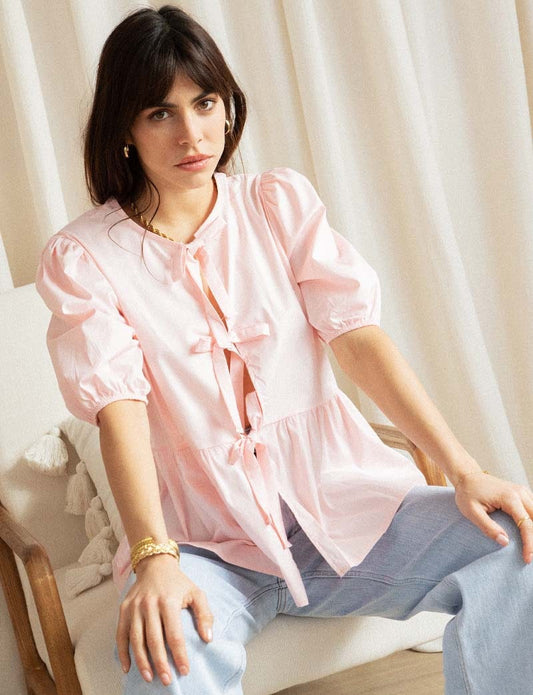 Women Puff Sleeve Bow Button Top Vintage Ruffle Hem Summer Blouse