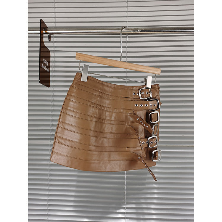Women Faux Leather Buckle Mini Skirt Punk Motorcycle Bodycon