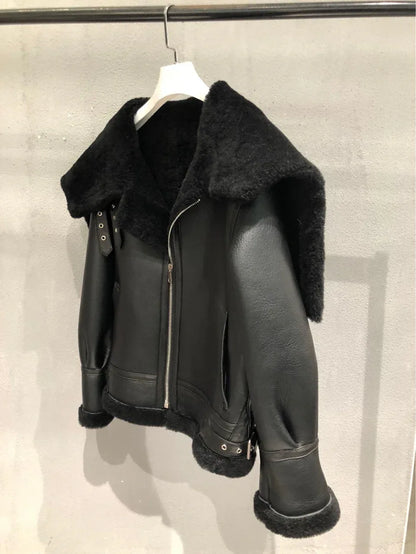 Women’s Black Leather Bomber Jacket with Fur Collar