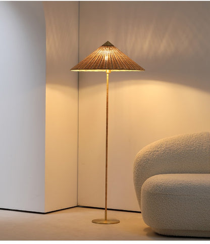 Danish Wabi-Sabi Rattan Floor Lamp Retro Hat Style Standing Light