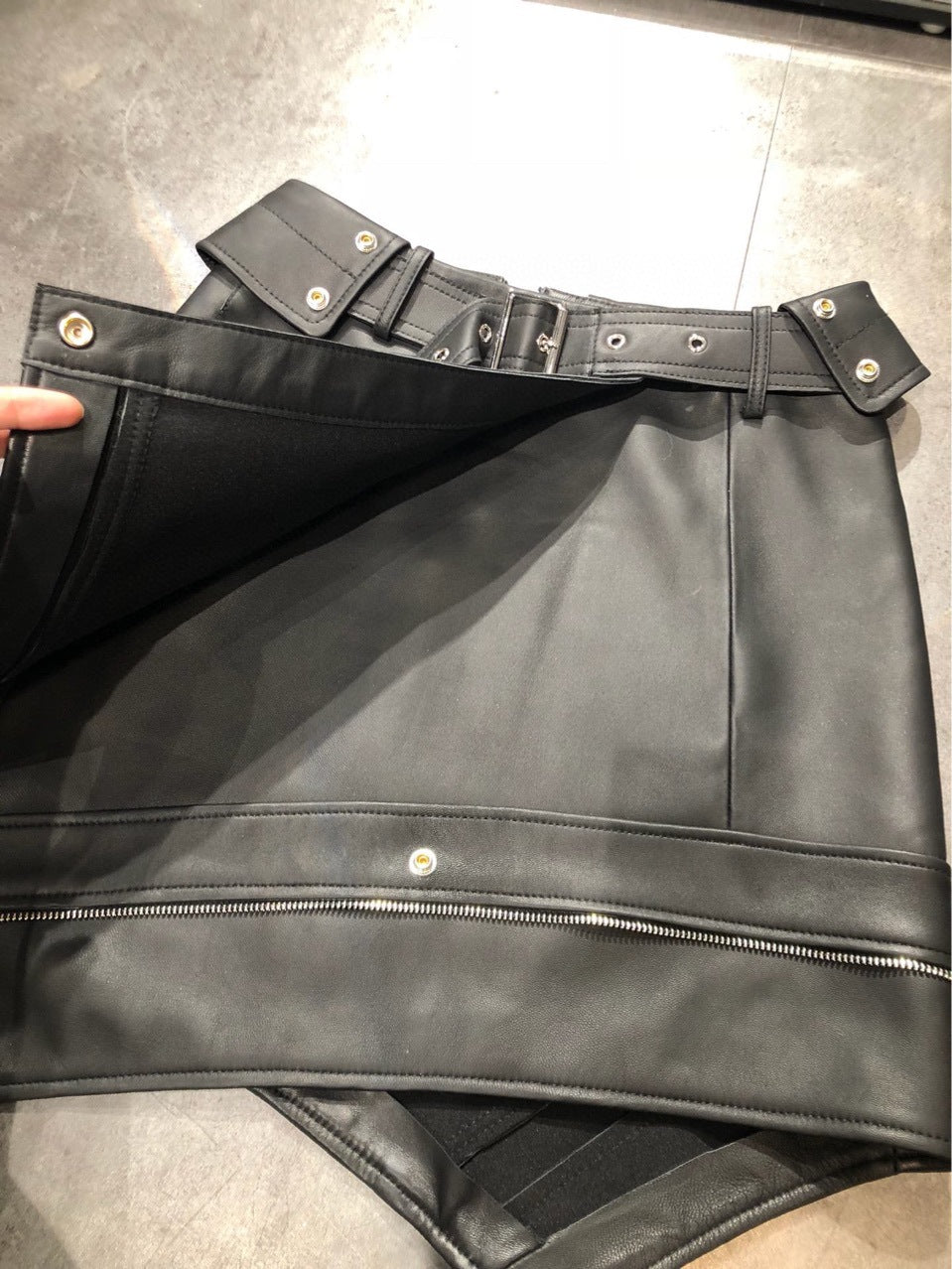 High-Waisted Irregular Hem Motorcycle Leather Mini Skirt