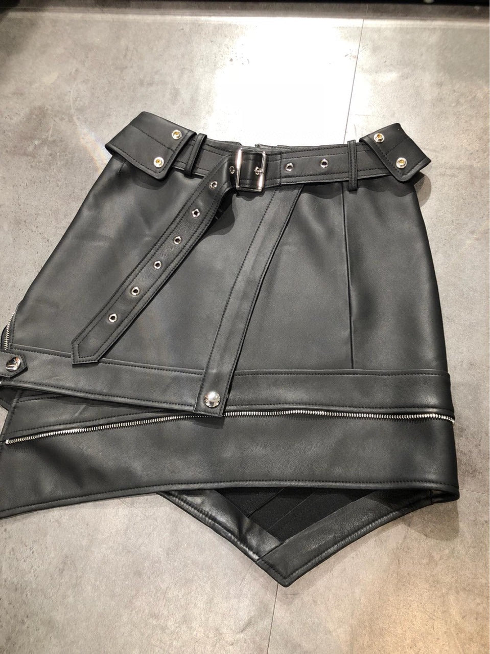 High-Waisted Irregular Hem Motorcycle Leather Mini Skirt