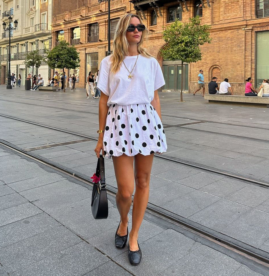 Women Flower Polka Dot Bubble Mini High Skirt