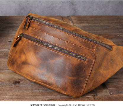 Men’s Crazy Horse Leather Chest Bag Waist Messenger