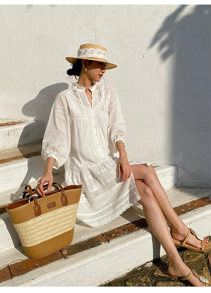 women summer dress white lace loose fit
