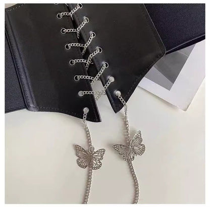 Black Butterfly Chain Faux Leather Elastic Waist Belt
