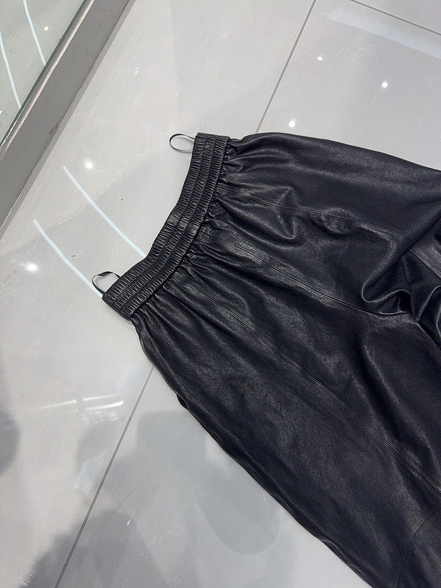 Women Wide Leg Leather Pants High Waisted Nine Point Trousers
