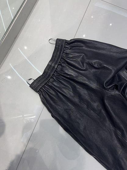 Women Wide Leg Leather Pants High Waisted Nine Point Trousers