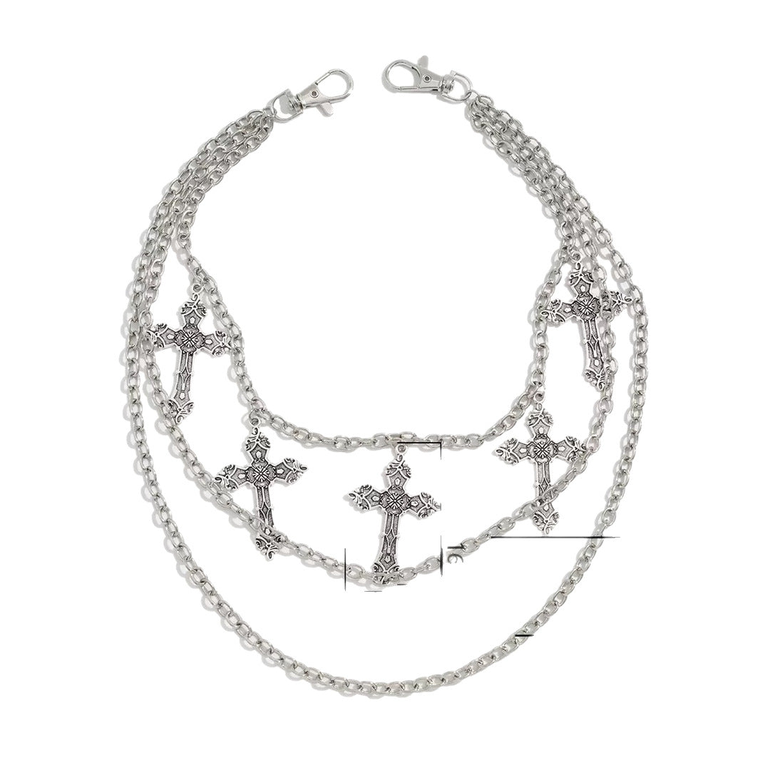Layered Silver Cross Pants Chain with Gothic Pendants