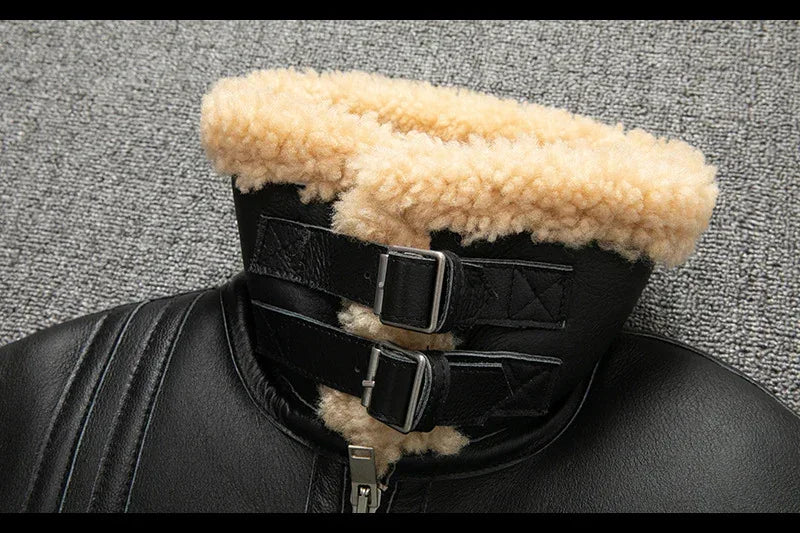 Men Real Sheepskin Shearling Aviator Jacket Winter Coat