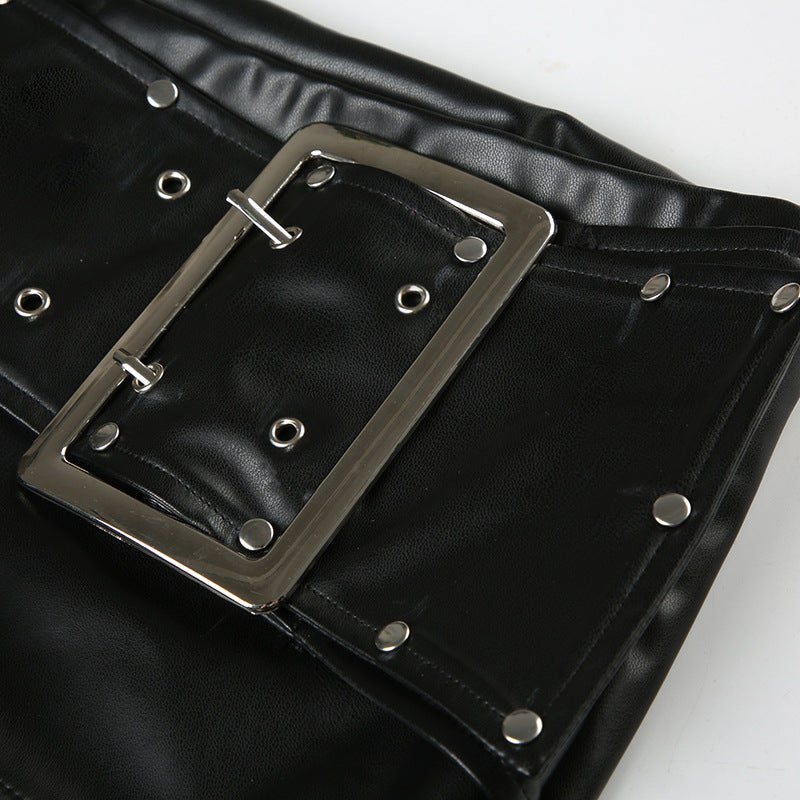 Black Faux Leather Shorts for Women with Buckle Low Waist