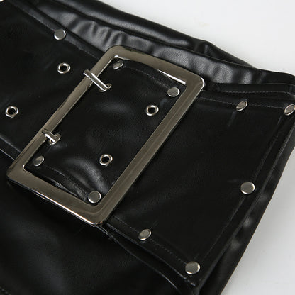 Black Faux Leather Shorts for Women with Buckle Low Waist