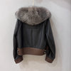 Women Real Fur Bomber Jacket Genuine Sheepskin with Fox Fur Collar