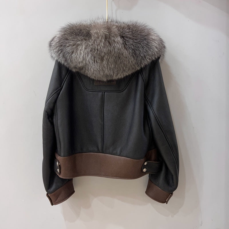 Women Real Fur Bomber Jacket Genuine Sheepskin with Fox Fur Collar