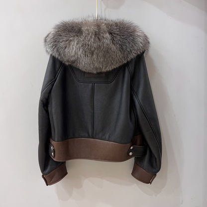 Women Real Fur Bomber Jacket Genuine Sheepskin with Fox Fur Collar