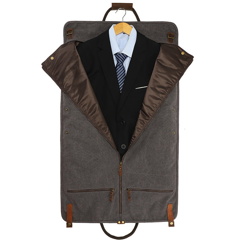 Canvas Garment Bag with Top-Grain Cowhide Leather and Foldable Suit Carrier