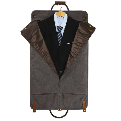 Canvas Garment Bag with Top-Grain Cowhide Leather and Foldable Suit Carrier