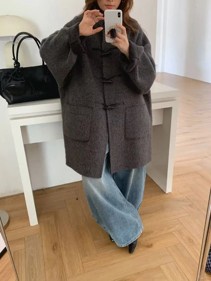 Women’s Alpaca Wool Horn-Button Mid Coat