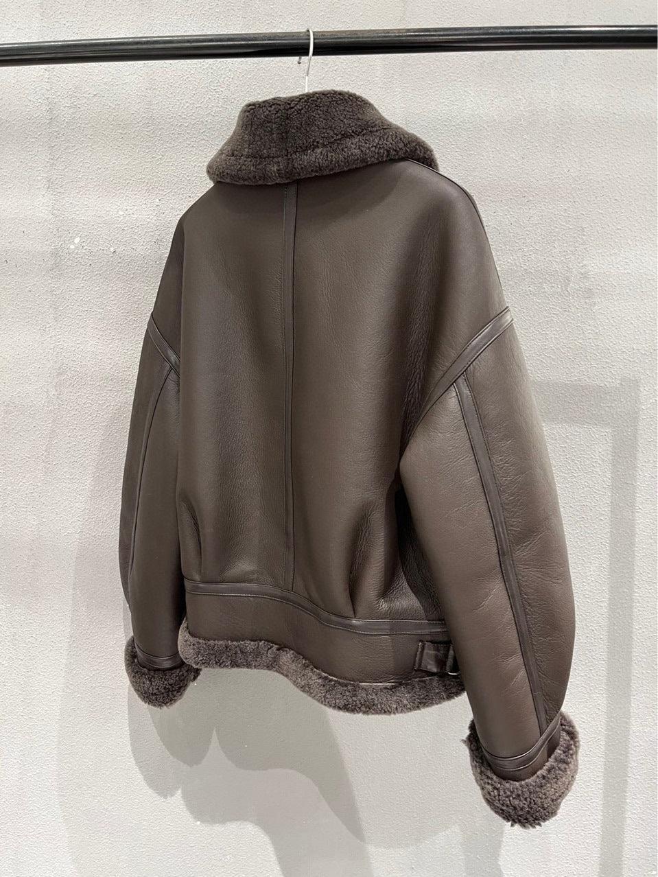 Women Leather Bomber Jacket with Real Fur Lining