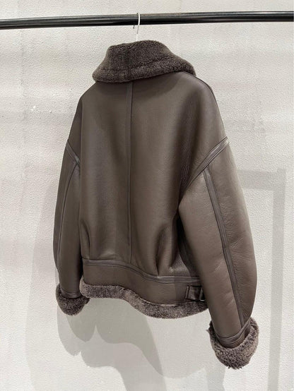 Women Leather Bomber Jacket with Real Fur Lining
