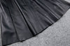 High Waist Black Leather Midi Skirt with Belt Pleated Design