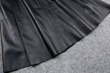 High Waist Black Leather Midi Skirt with Belt Pleated Design