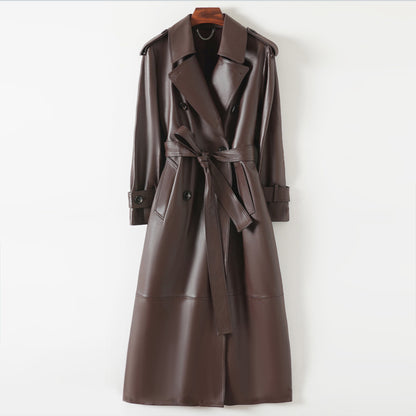 Women Leather Trench Coat Double-Breasted Long Belted
