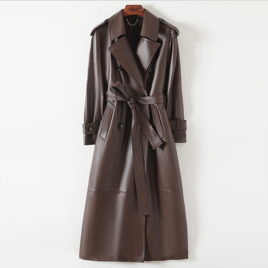 Women Leather Trench Coat Double-Breasted Long Belted